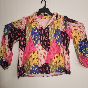 Womens Blouse Multi Color Abstract Blouse.  Bold Bright Sz Large